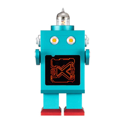 xDuoo DM-01 CS43131 Bluetooth 5.4 USB DAC & Headphone Amplifier in robot-inspired design with glowing circuit display and vacuum tube top.
