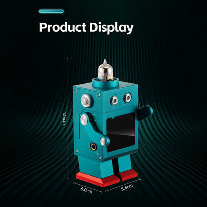 Product dimensions of xDuoo DM-01 Bluetooth DAC amp with robot design, measuring 11.5cm height, 8.6cm width, and 6.0cm depth.