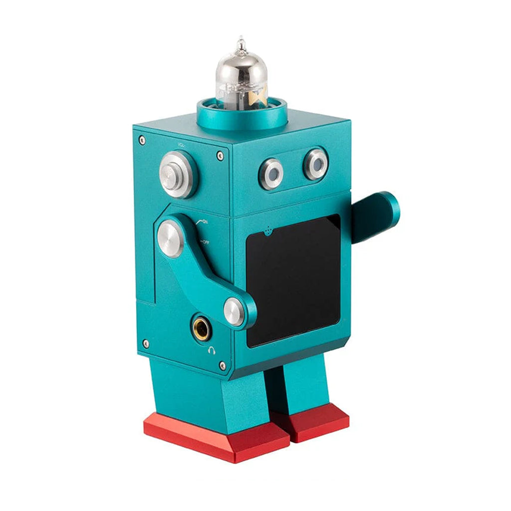 Side view of xDuoo DM-01 Bluetooth DAC amp showing headphone jack, volume knob, and articulated robot arm in teal metal body.