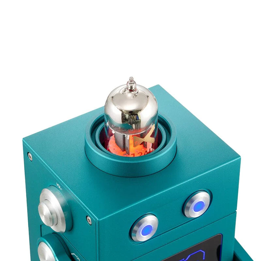 Close-up of xDuoo DM-01 Bluetooth DAC amp vacuum tube glowing atop teal robot-shaped amplifier for enhanced audio output.