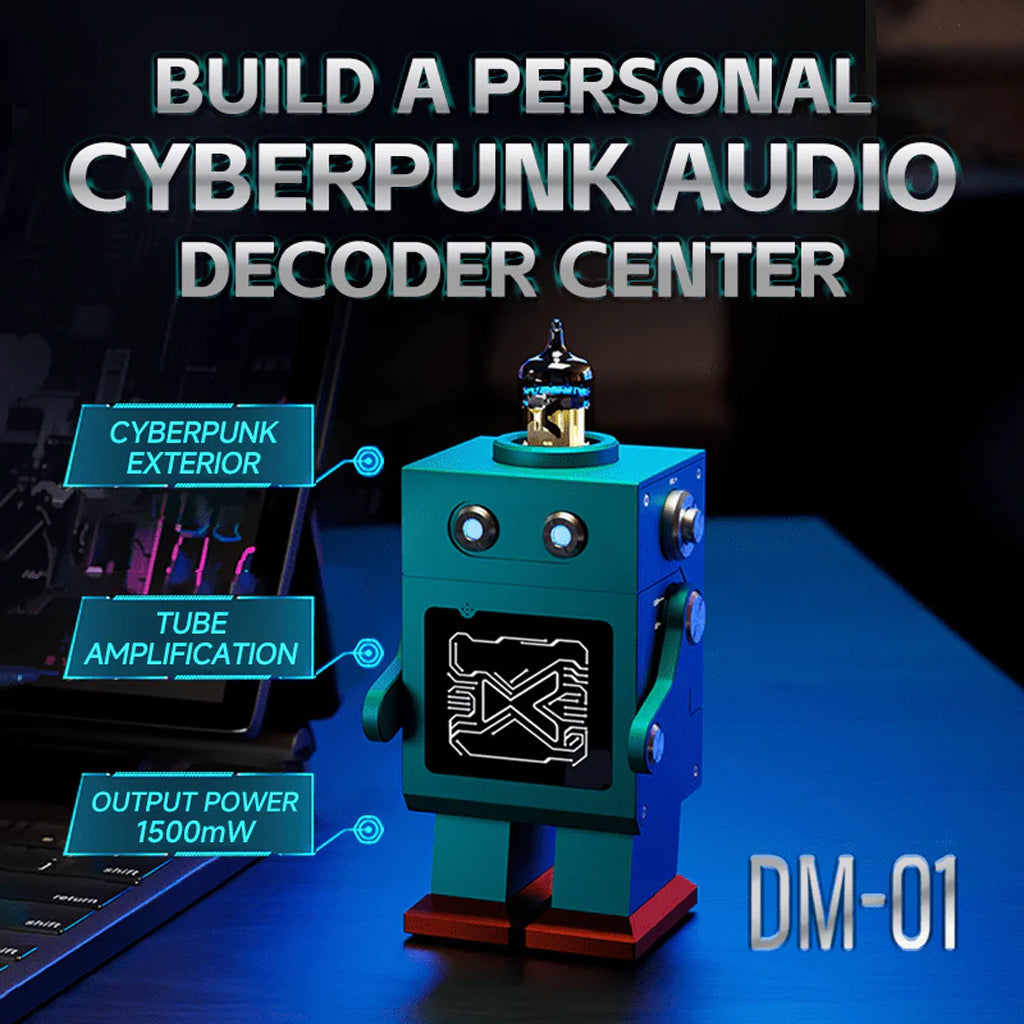 xDuoo DM-01 DAC amp on desktop with text overlay promoting cyberpunk audio center, tube amplification, and 1500mW output power.