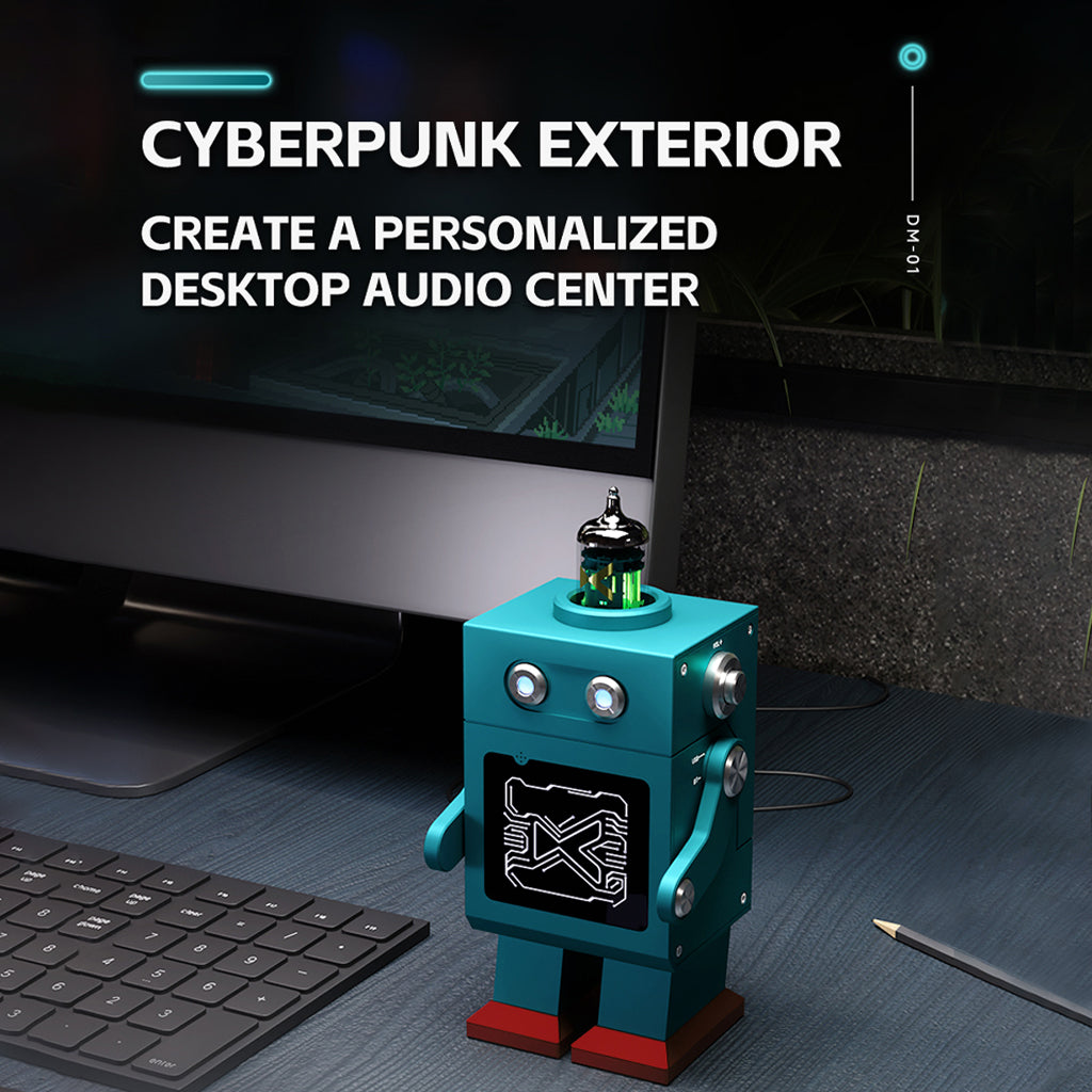 xDuoo DM-01 robot DAC amp on desk setup with cyberpunk exterior and personalized desktop audio center branding.