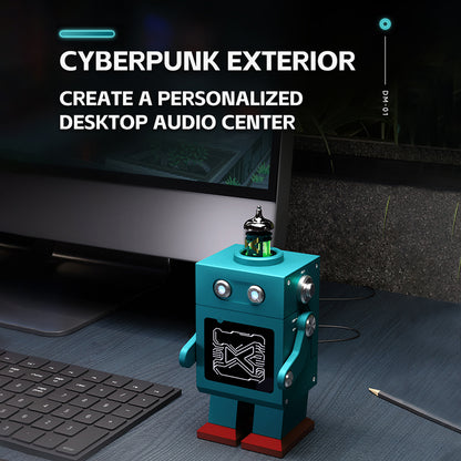 xDuoo DM-01 robot DAC amp on desk setup with cyberpunk exterior and personalized desktop audio center branding.