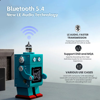 xDuoo DM-01 Bluetooth 5.4 DAC amp showcasing LE Audio support, DSD and MQA decoding, and multiple device compatibility.