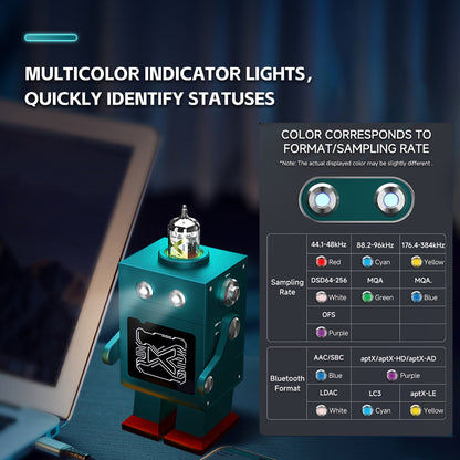 xDuoo DM-01 DAC amp with multicolor LED indicators showing audio format and sampling rate for quick status identification.