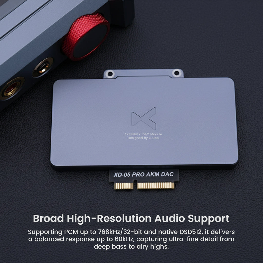 xDuoo XD05 Pro DAC Card supports PCM up to 768kHz/32-bit and DSD512, offering ultra-fine detail and balanced audio from deep bass to airy highs.