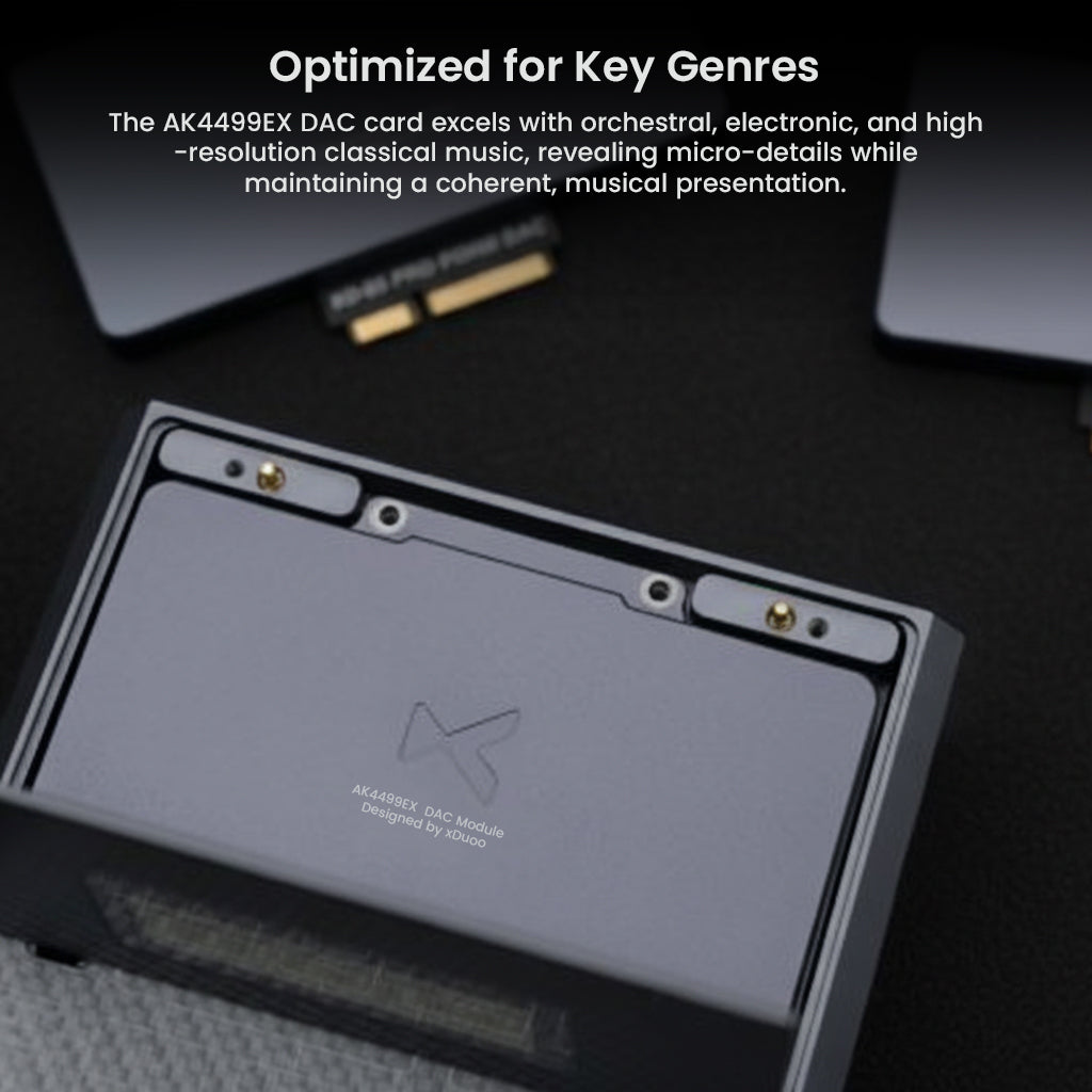 xDuoo XD05 Pro DAC Card optimized for orchestral, electronic, and classical music, revealing micro-details with musical coherence and clarity.