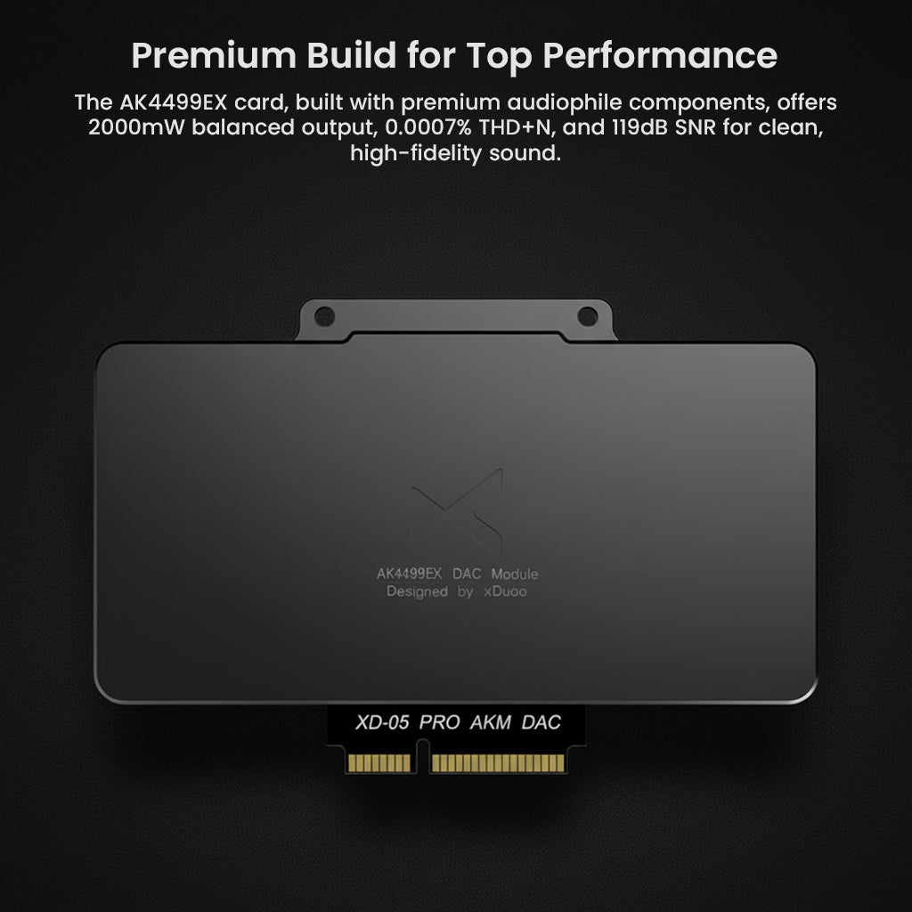 Premium xDuoo XD05 Pro DAC Card with AK4499EX chip, offering 2000mW output, 119dB SNR, and 0.0007% THD+N for high-fidelity audio performance.