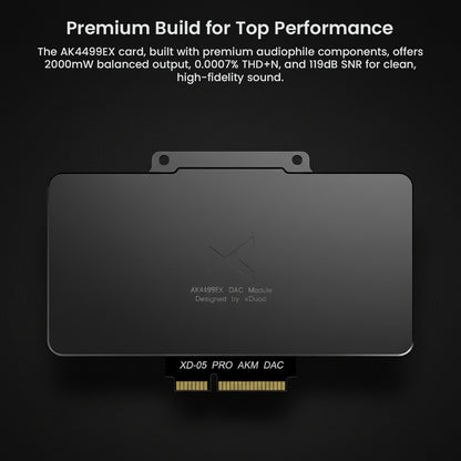 Premium xDuoo XD05 Pro DAC Card with AK4499EX chip, offering 2000mW output, 119dB SNR, and 0.0007% THD+N for high-fidelity audio performance.