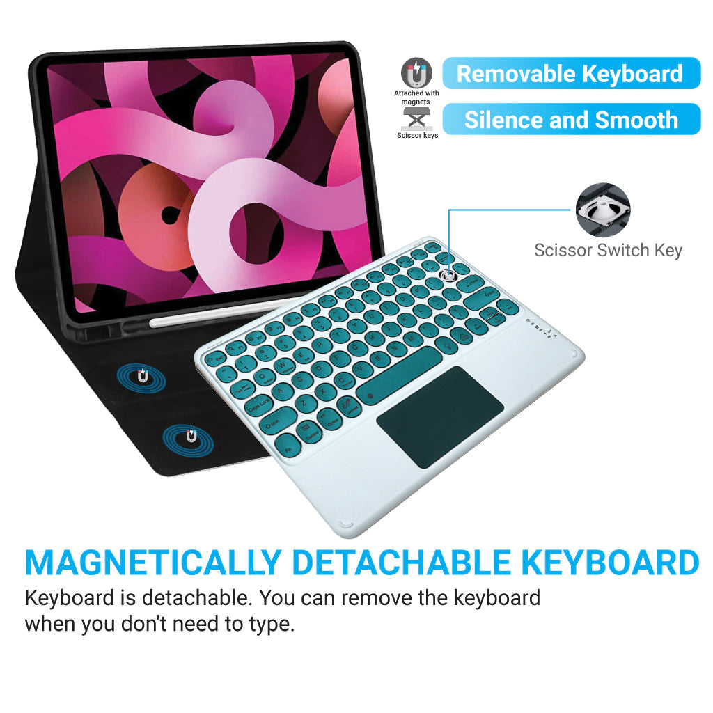 Detachable TECPHILE 250D Wireless Keyboard in green color variant, shown with tablet and magnetic case.
