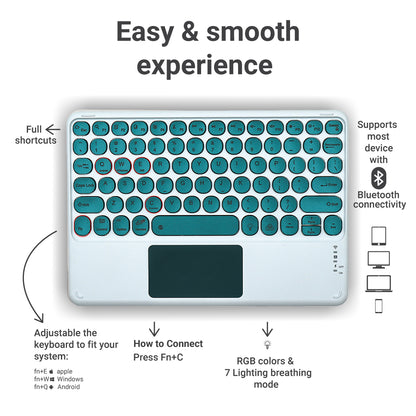 Top view of green TECPHILE 250D Wireless Keyboard with shortcut guide and Bluetooth compatibility icons.