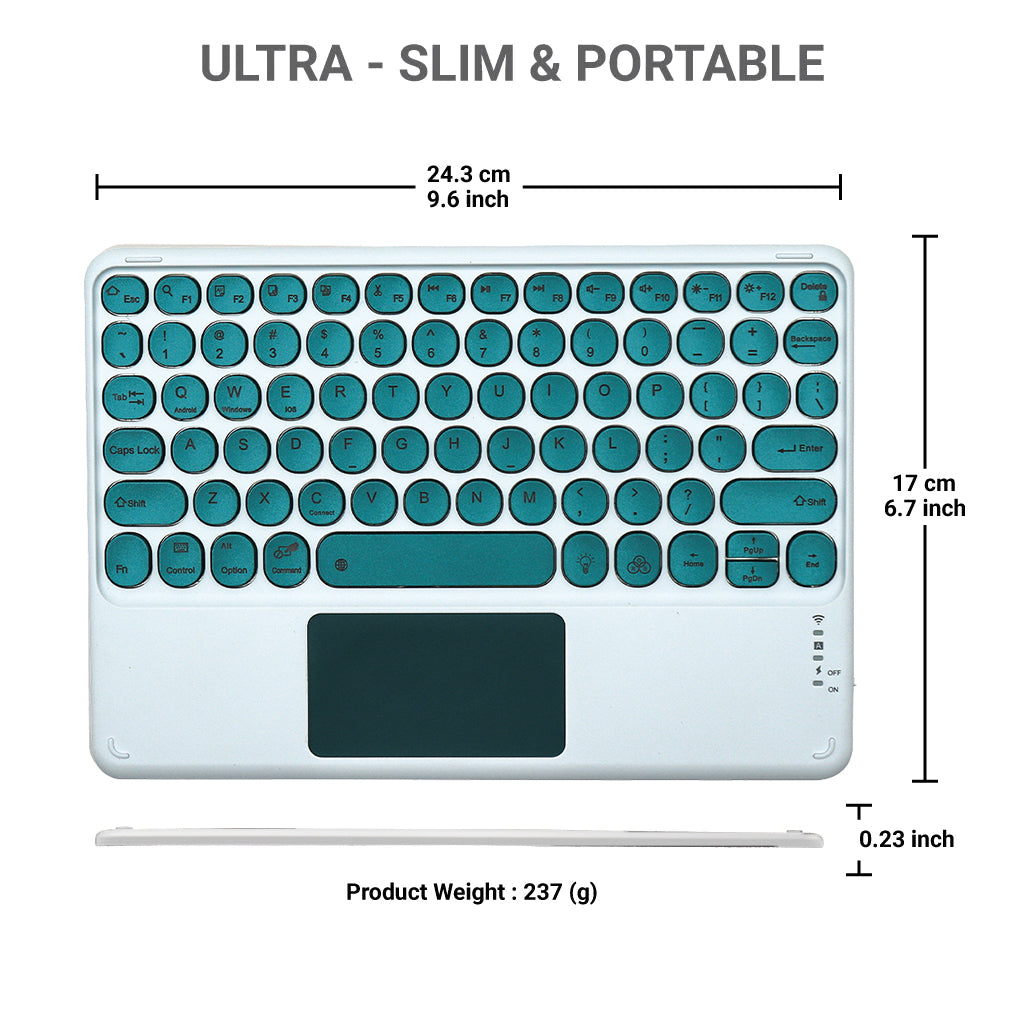 Green TECPHILE 250D Wireless Keyboard with ultra-slim profile and dimensions for portability.