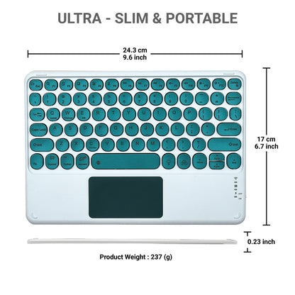 Green TECPHILE 250D Wireless Keyboard with ultra-slim profile and dimensions for portability.