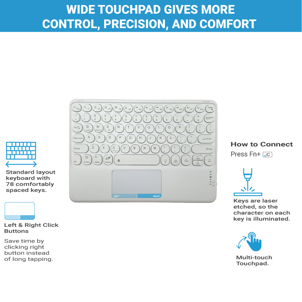 White TECPHILE 250D Wireless Keyboard with wide touchpad and shortcut instructions for multi-device use.