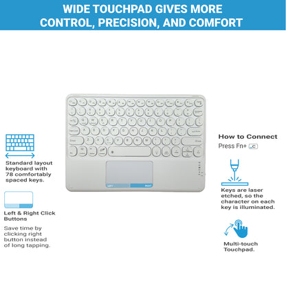 White TECPHILE 250D Wireless Keyboard with wide touchpad and shortcut instructions for multi-device use.