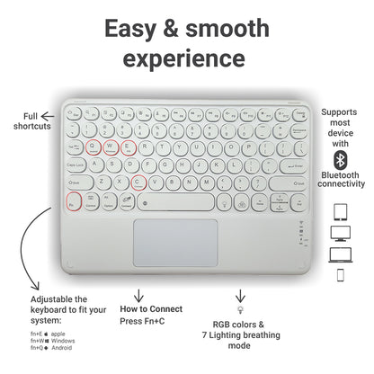 White TECPHILE 250D Wireless Keyboard with shortcut guide, RGB lighting modes, and Bluetooth compatibility.