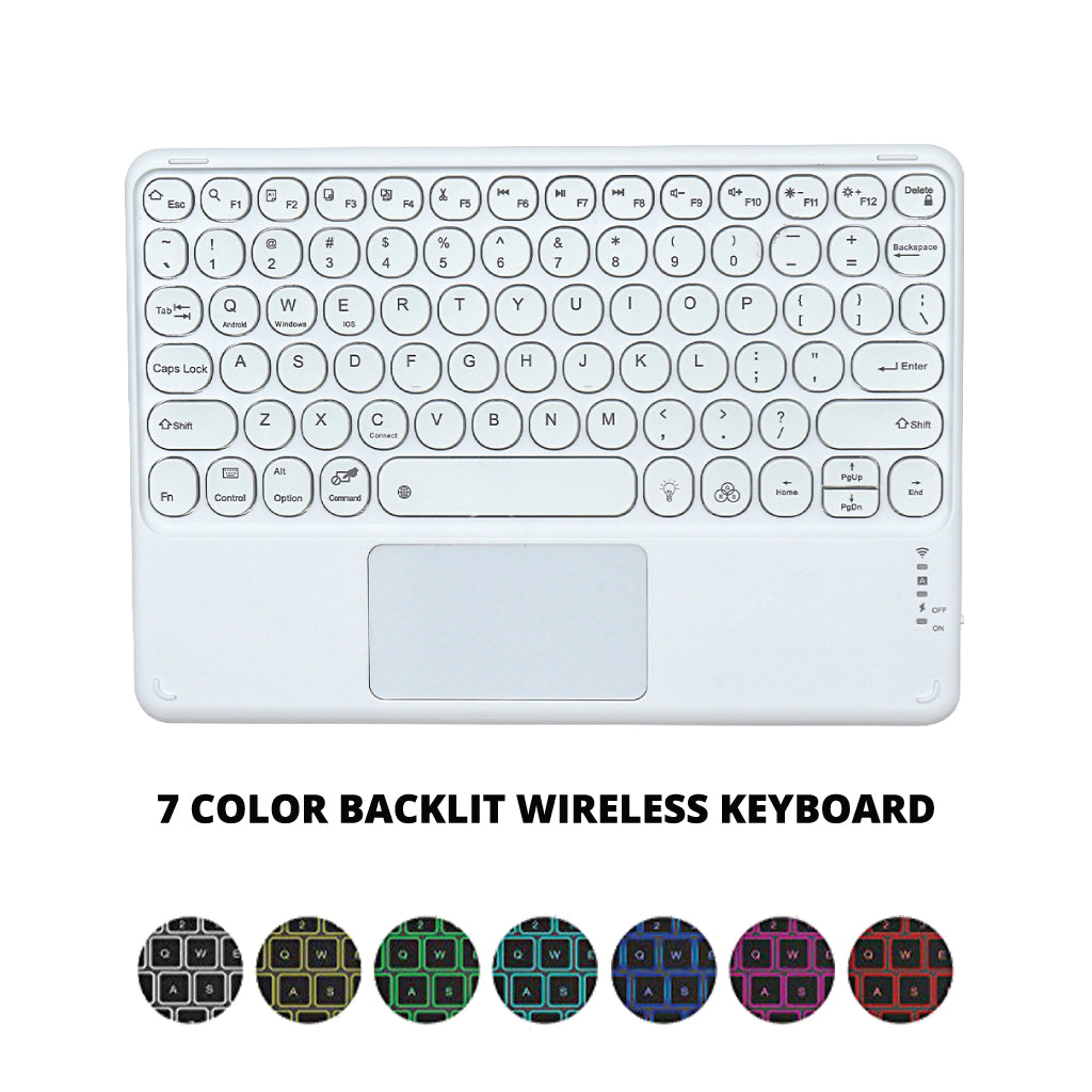 TECPHILE 250D Wireless Keyboard with 7 color backlight options displayed in a circular layout.