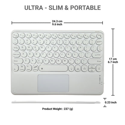 Ultra-slim and portable white TECPHILE 250D Wireless Keyboard with dimensions and lightweight design.