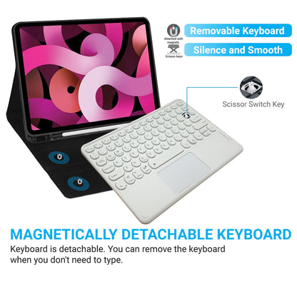 White TECPHILE 250D Wireless Keyboard shown magnetically detachable from tablet case with scissor switch keys.