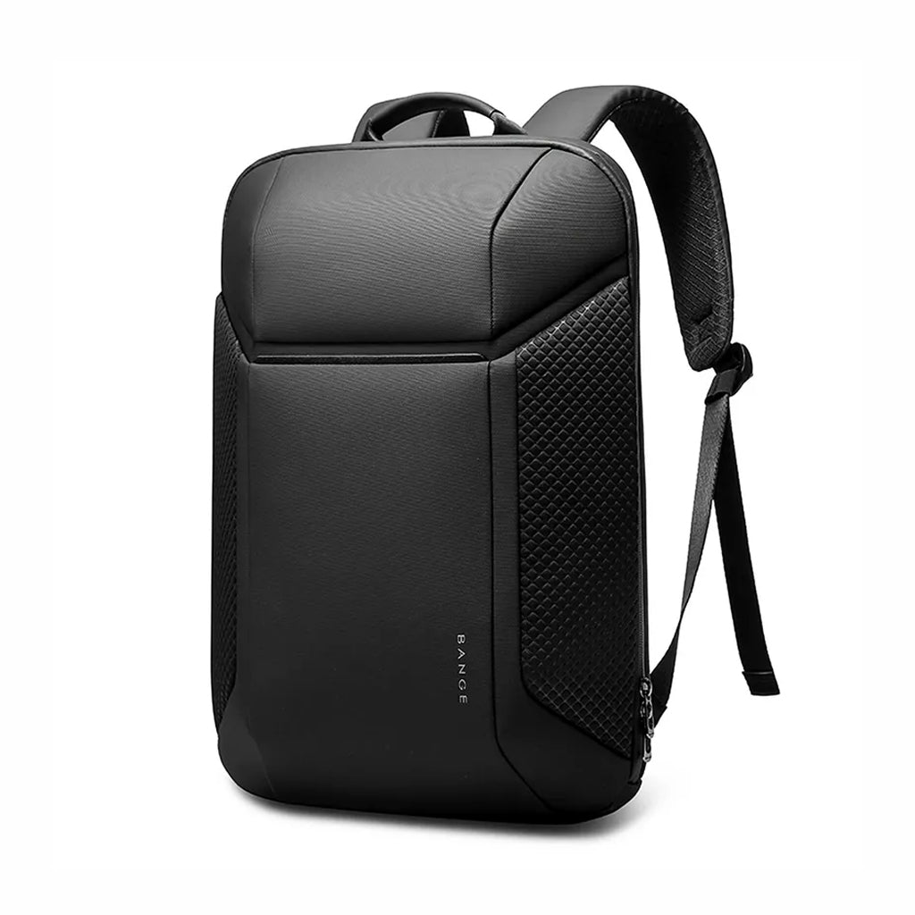 BANGE 7710 leather laptop bag in sleek black design with ergonomic straps, ideal for 15.6” laptops in the smart backpack category.