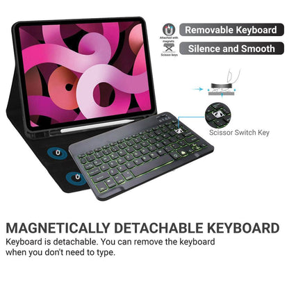 TECPHILE HB030D Wireless Keyboard with detachable magnetic design and scissor switch keys, shown with tablet for smooth typing experience.