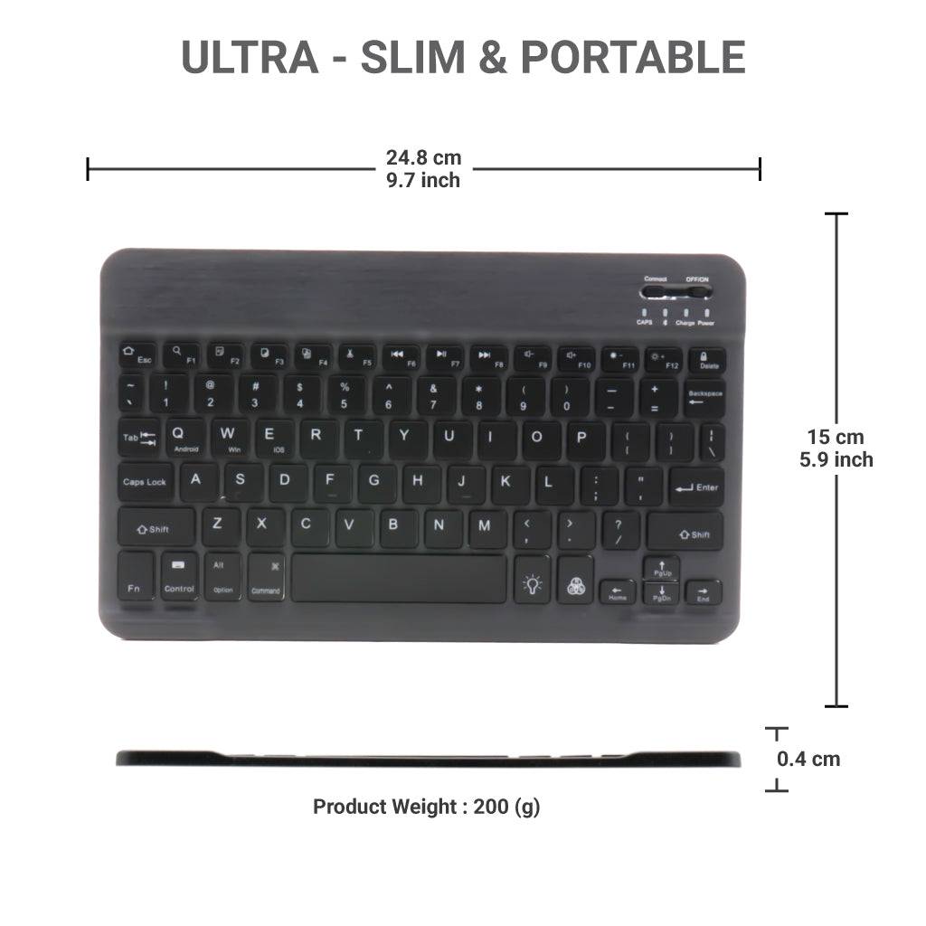 TECPHILE HB030D ultra-slim wireless keyboard with 0.4 cm thickness, 24.8 cm width, and 200g weight, designed for portability and compact use.
