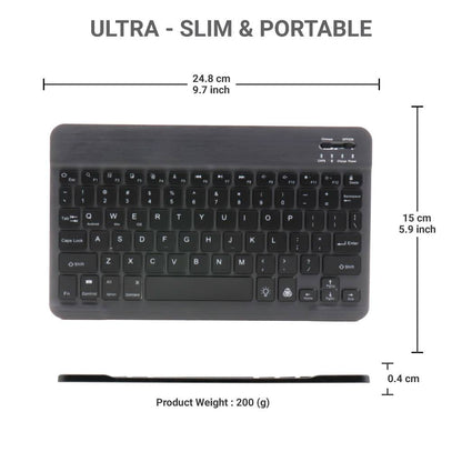 TECPHILE HB030D ultra-slim wireless keyboard with 0.4 cm thickness, 24.8 cm width, and 200g weight, designed for portability and compact use.