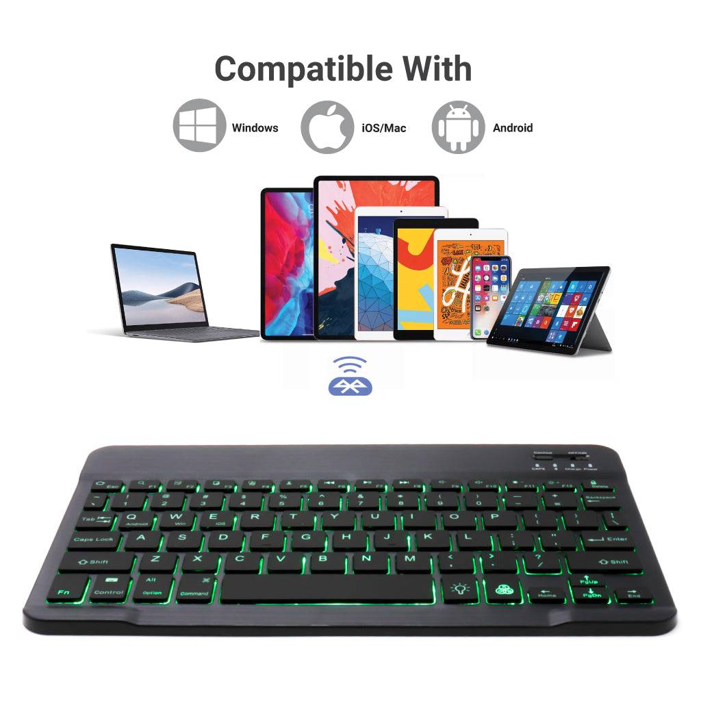 TECPHILE HB030D Wireless Keyboard in black with green backlight, compatible with Windows, iOS, Mac, and Android devices for versatile use.