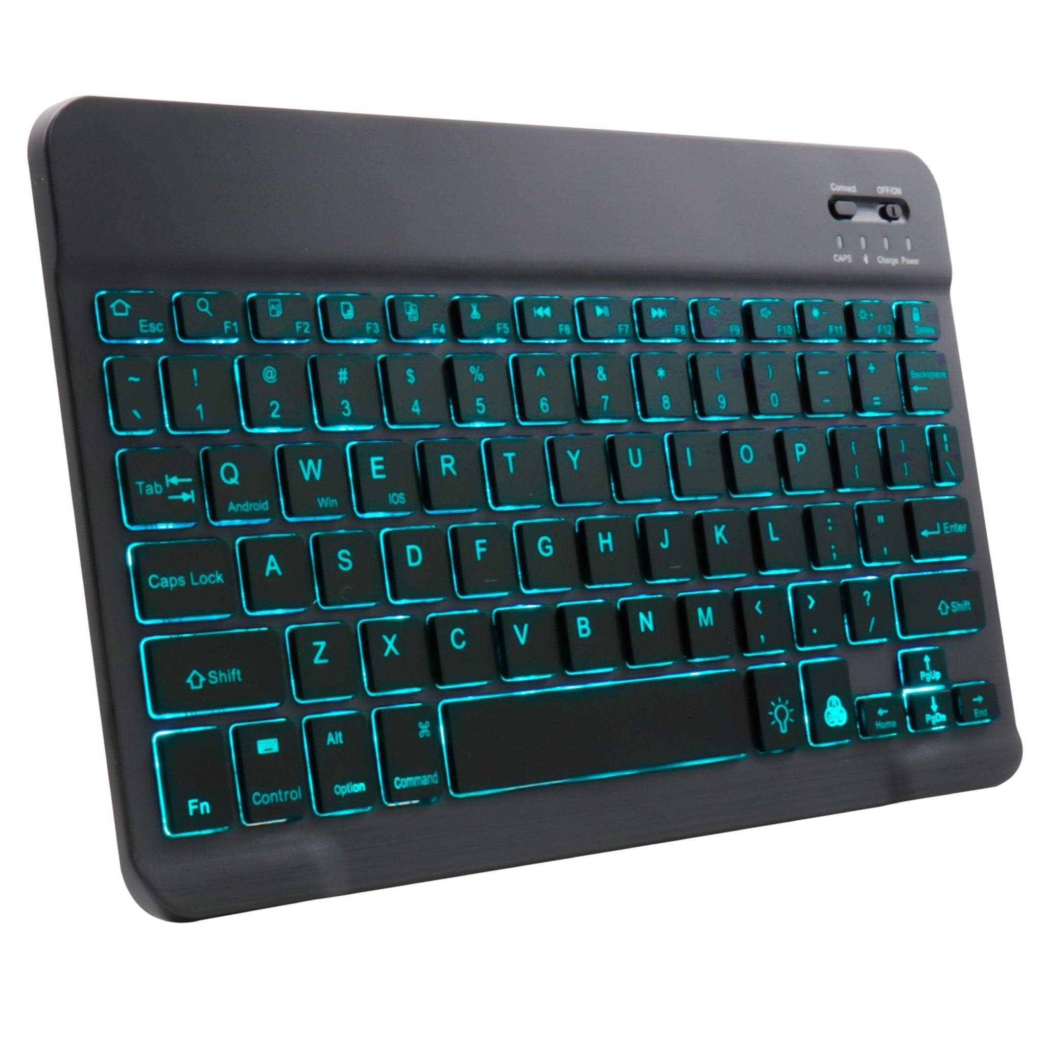 TECPHILE HB030D Bluetooth Wireless Keyboard in black with cyan backlight, ultra-slim design, ideal for portable typing on multiple devices.