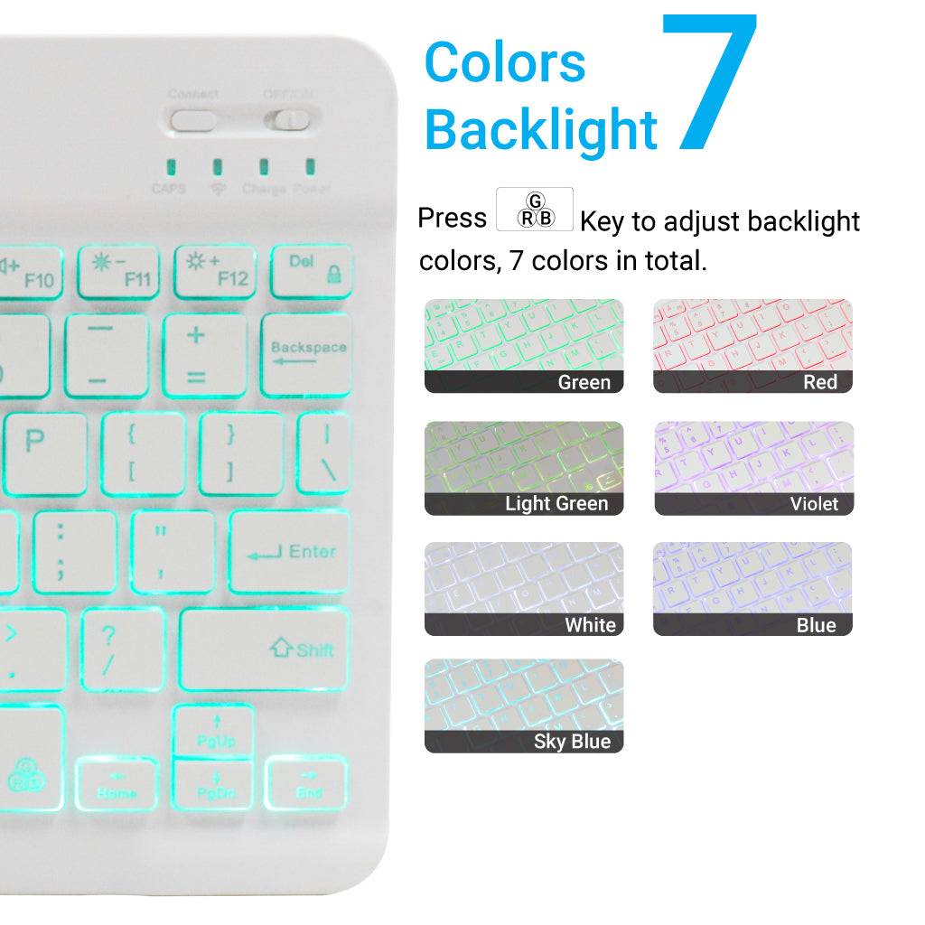 TECPHILE HB030D Wireless Keyboard backlight color options including green, red, violet, blue, and more, adjustable with RGB key.