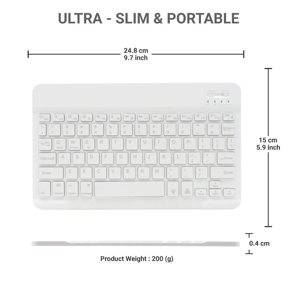 White TECPHILE HB030D ultra-slim wireless keyboard with 0.4 cm thickness and 200g weight, designed for portability and compact typing.