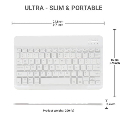 White TECPHILE HB030D ultra-slim wireless keyboard with 0.4 cm thickness and 200g weight, designed for portability and compact typing.