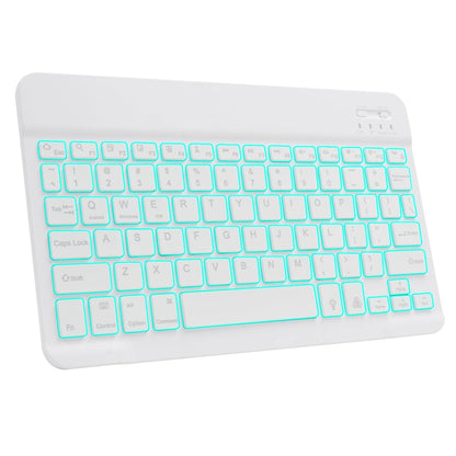White TECPHILE HB030D Bluetooth Wireless Keyboard with cyan backlight, featuring slim, portable design for multi-device connectivity.