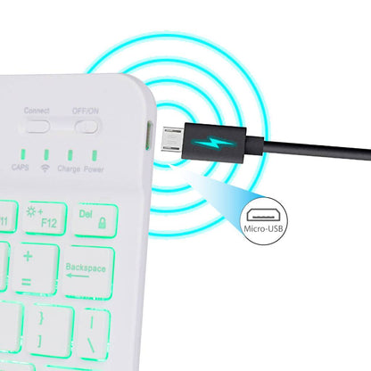 White TECPHILE HB030D Wireless Keyboard charging via Micro-USB, with green backlight and power indicators for efficient charging.