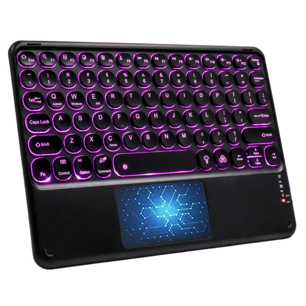 TECPHILE 250D Bluetooth Wireless Keyboard with purple backlight and multi-touch trackpad, ideal for tablets and laptops.