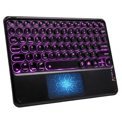 TECPHILE 250D Bluetooth Wireless Keyboard with purple backlight and multi-touch trackpad, ideal for tablets and laptops.