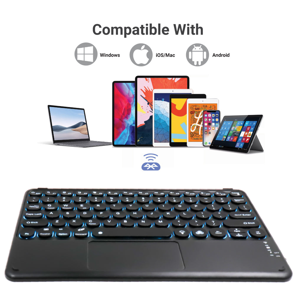 TECPHILE 250D Wireless Keyboard compatible with Windows, iOS, Mac, and Android devices, shown with various gadgets.