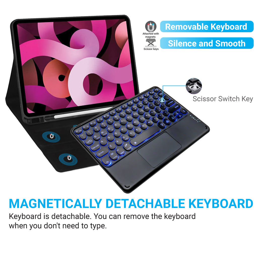TECPHILE 250D Wireless Keyboard shown magnetically detached from tablet case, featuring scissor switch keys.