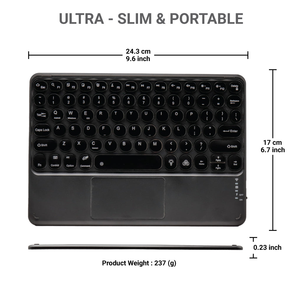 Dimensions of TECPHILE 250D Bluetooth Wireless Keyboard, highlighting its ultra-slim and portable design.