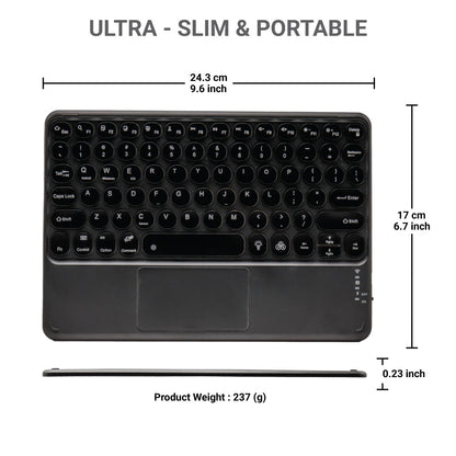 Dimensions of TECPHILE 250D Bluetooth Wireless Keyboard, highlighting its ultra-slim and portable design.