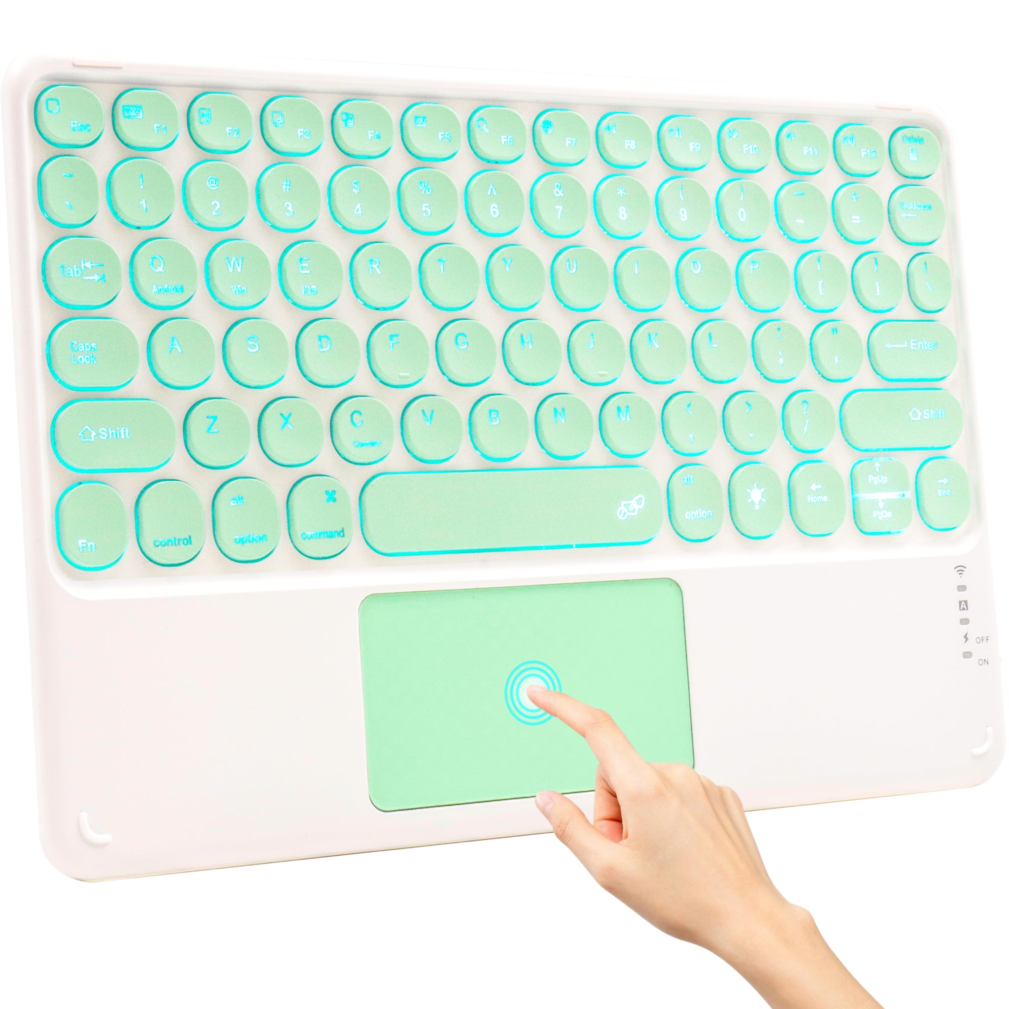 Mint green TECPHILE 250D Wireless Keyboard with hand gesture on touchpad, highlighting backlit keys.