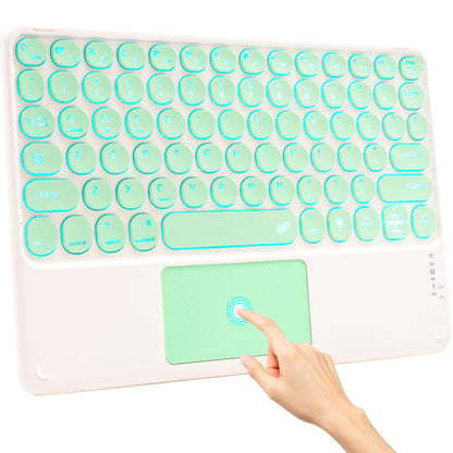 Mint green TECPHILE 250D Wireless Keyboard with hand gesture on touchpad, highlighting backlit keys.