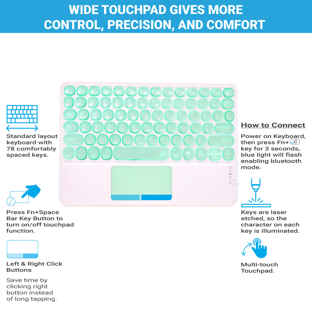 Mint green TECPHILE 250D Wireless Keyboard with wide touchpad and shortcut guide for Bluetooth pairing.