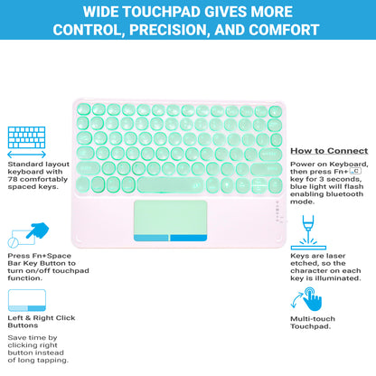 Mint green TECPHILE 250D Wireless Keyboard with wide touchpad and shortcut guide for Bluetooth pairing.