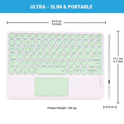 Mint green TECPHILE 250D Wireless Keyboard with ultra-slim profile and dimensions for portability.