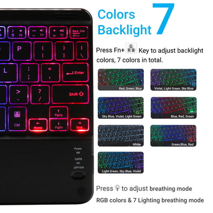 TECPHILE HB119D Wireless Keyboard features 7 RGB backlight colors and breathing modes, customizable via Fn+RGB key combo.