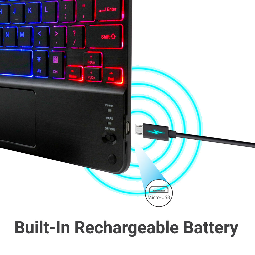 TECPHILE HB119D Bluetooth Wireless Keyboard with built-in rechargeable battery and Micro-USB charging for extended use.