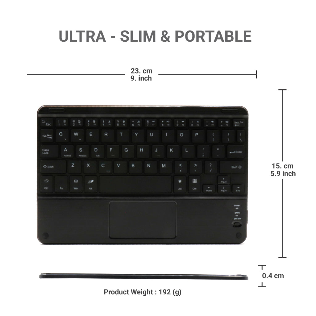 TECPHILE HB119D Wireless Keyboard is ultra-slim and portable, measuring 23x15.9x0.4 cm and weighing only 192g for easy transport.