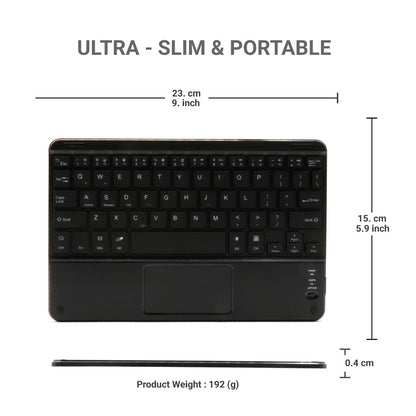TECPHILE HB119D Wireless Keyboard is ultra-slim and portable, measuring 23x15.9x0.4 cm and weighing only 192g for easy transport.