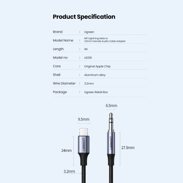 UGREEN - US315 Lighting to 3.5mm Male Aux Cable - 13